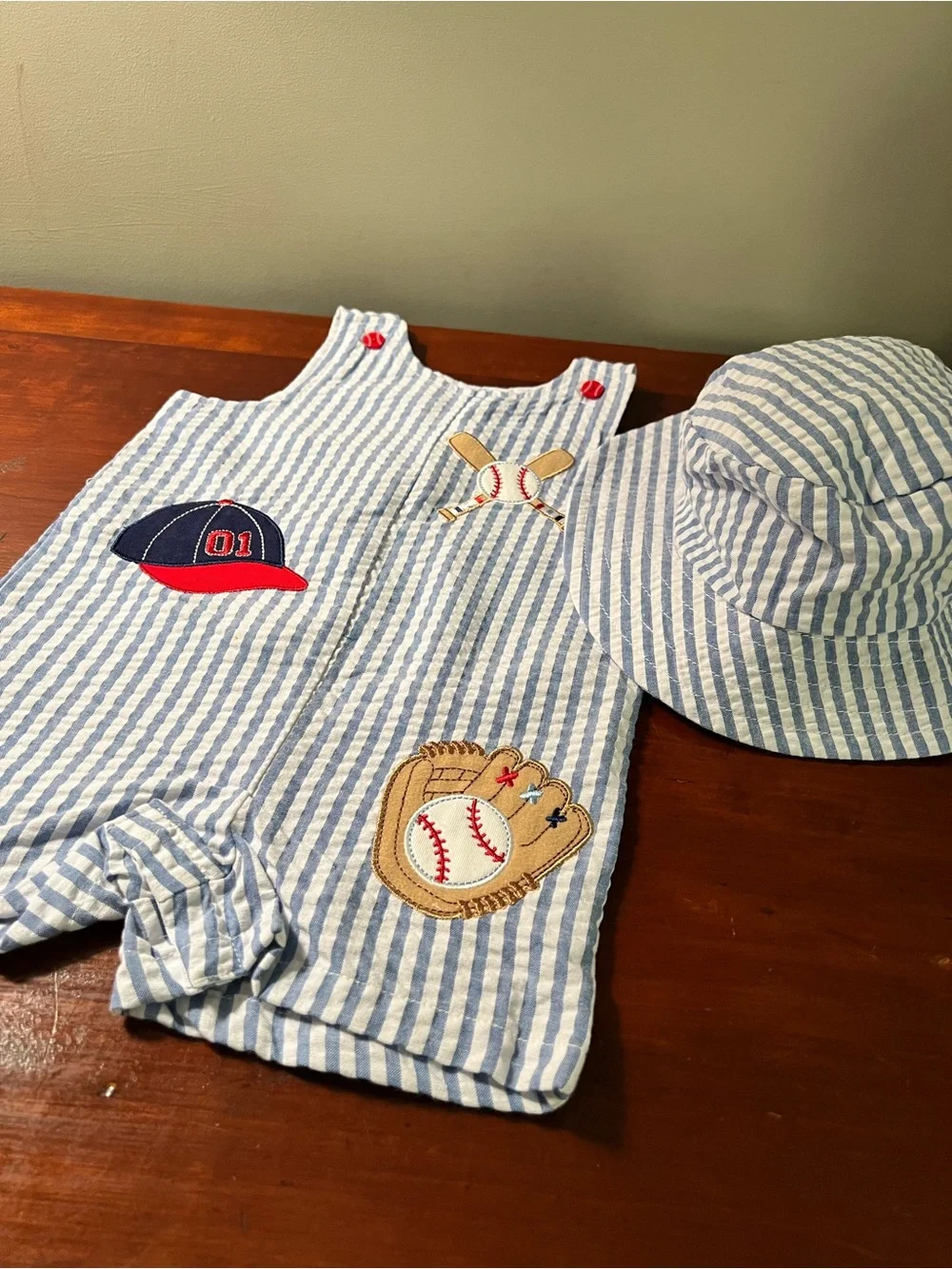 Good Lad Blue & White Striped Baby Sun Hat and Romper Set - Baseball Appliqué